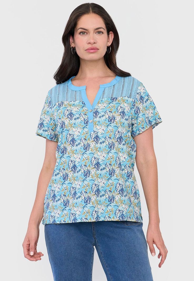 Polera Mujer Aplicación Macramé Turquesa Tropical Corona-0