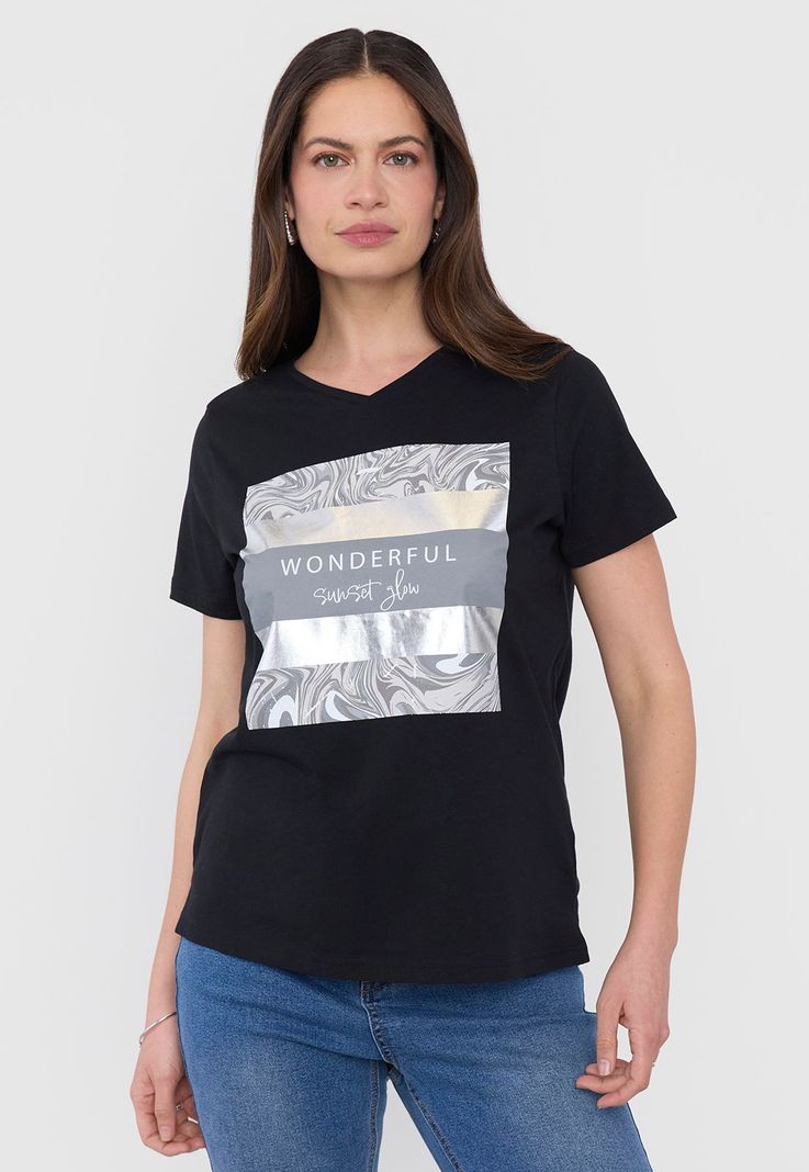Polera Mujer M/C Print Cuello V Negro Corona-0