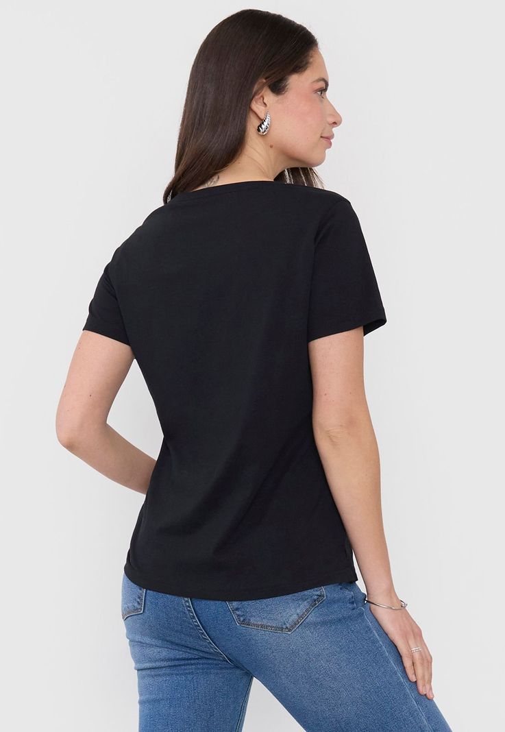 Polera Mujer M/C Print Cuello V Negro Corona-1