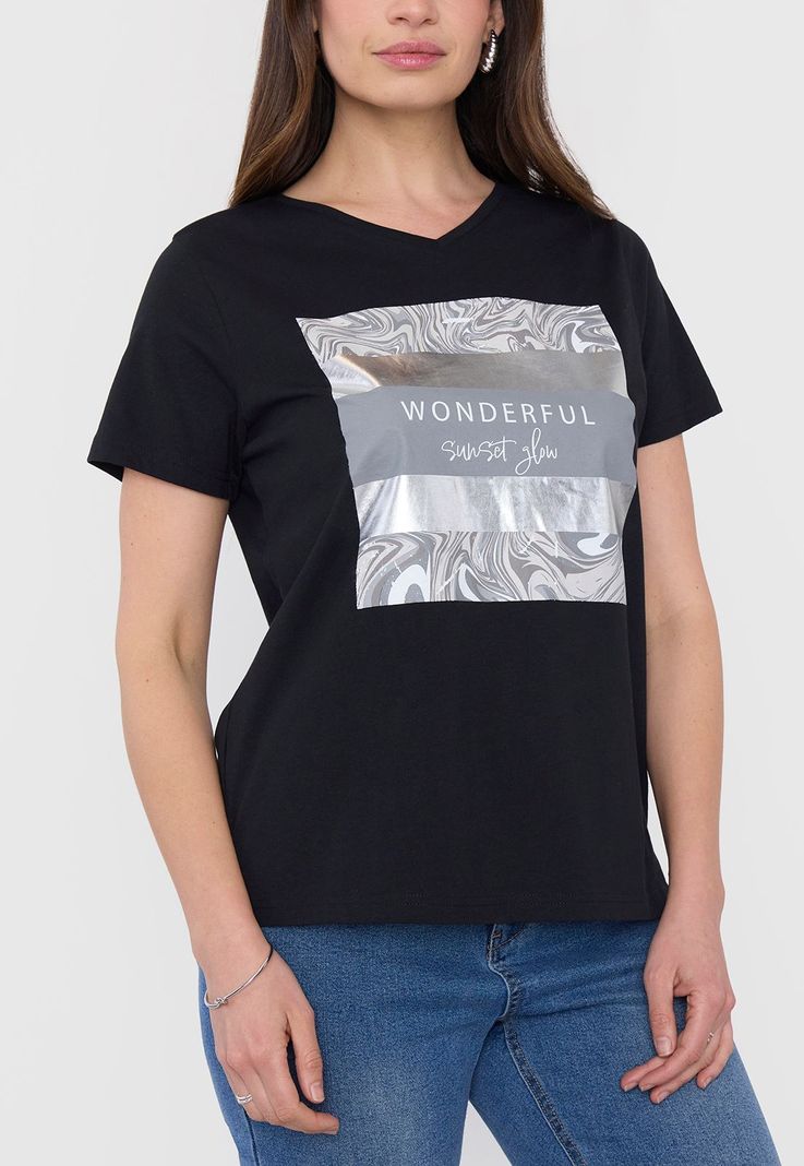 Polera Mujer M/C Print Cuello V Negro Corona-2