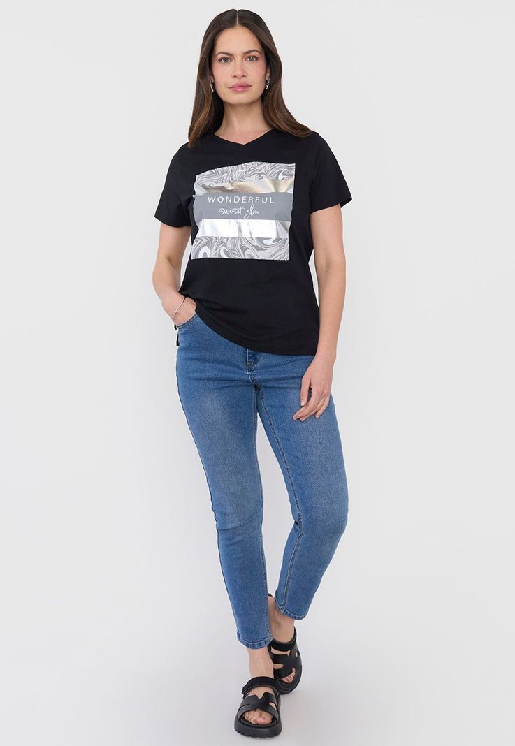 Polera Mujer M/C Print Cuello V Negro Corona-3
