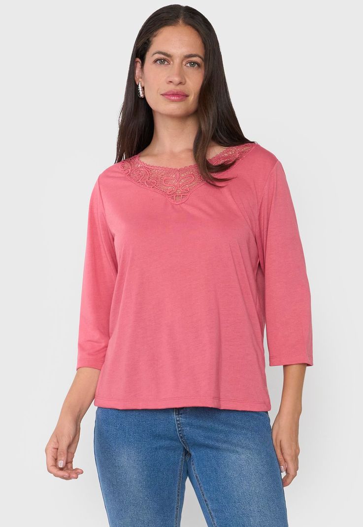 Polera Mujer Manga 3/4 Macramé Coral Corona-0