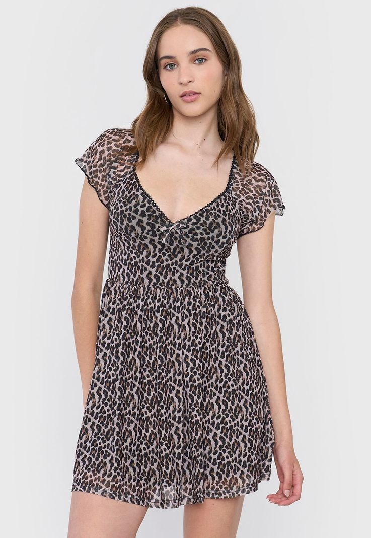 Vestido Mujer Corto Malla Animal Print Café Corona-1