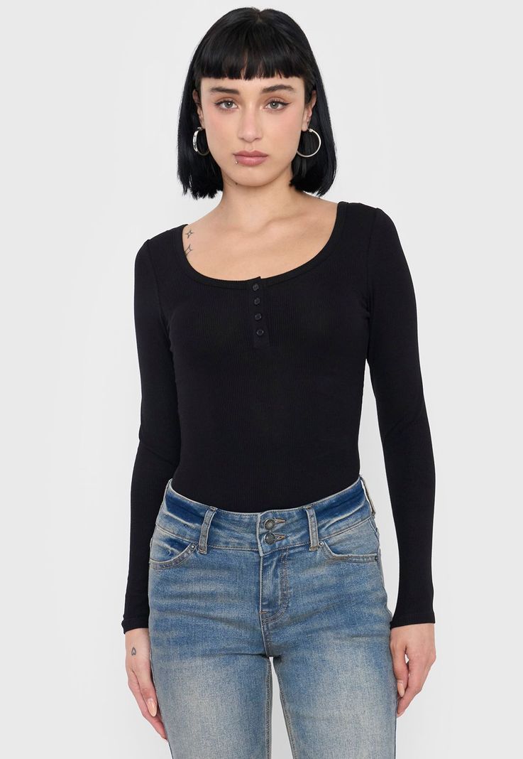 Body Mujer Manga Larga Botones Negro Corona-0