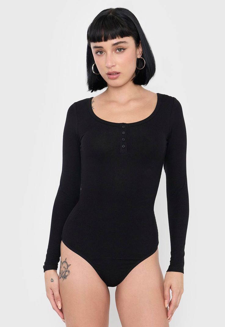 Body Mujer Manga Larga Botones Negro Corona-2