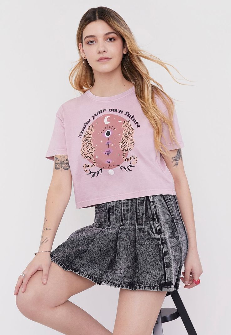 Polera Mujer Fun Manga Corta Crop Rosa Corona-0