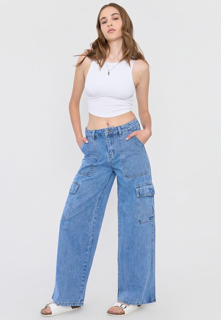 Jeans Mujer Straight Fit Cargo Azul Medio Corona-0