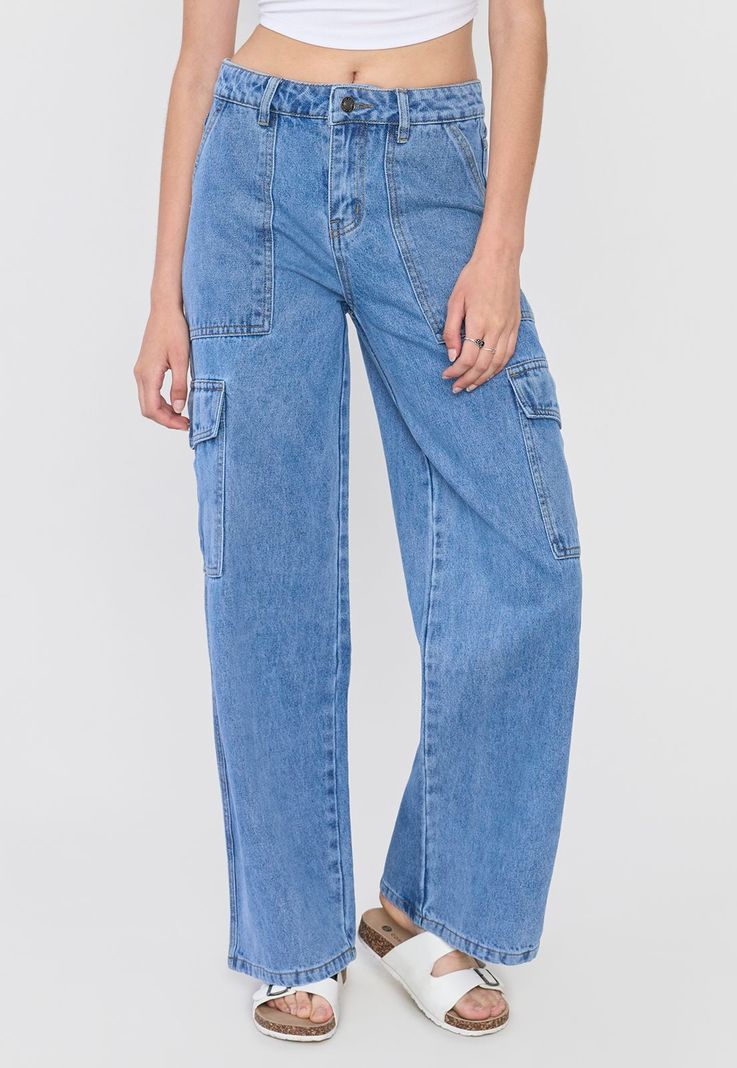 Jeans Mujer Straight Fit Cargo Azul Medio Corona-1