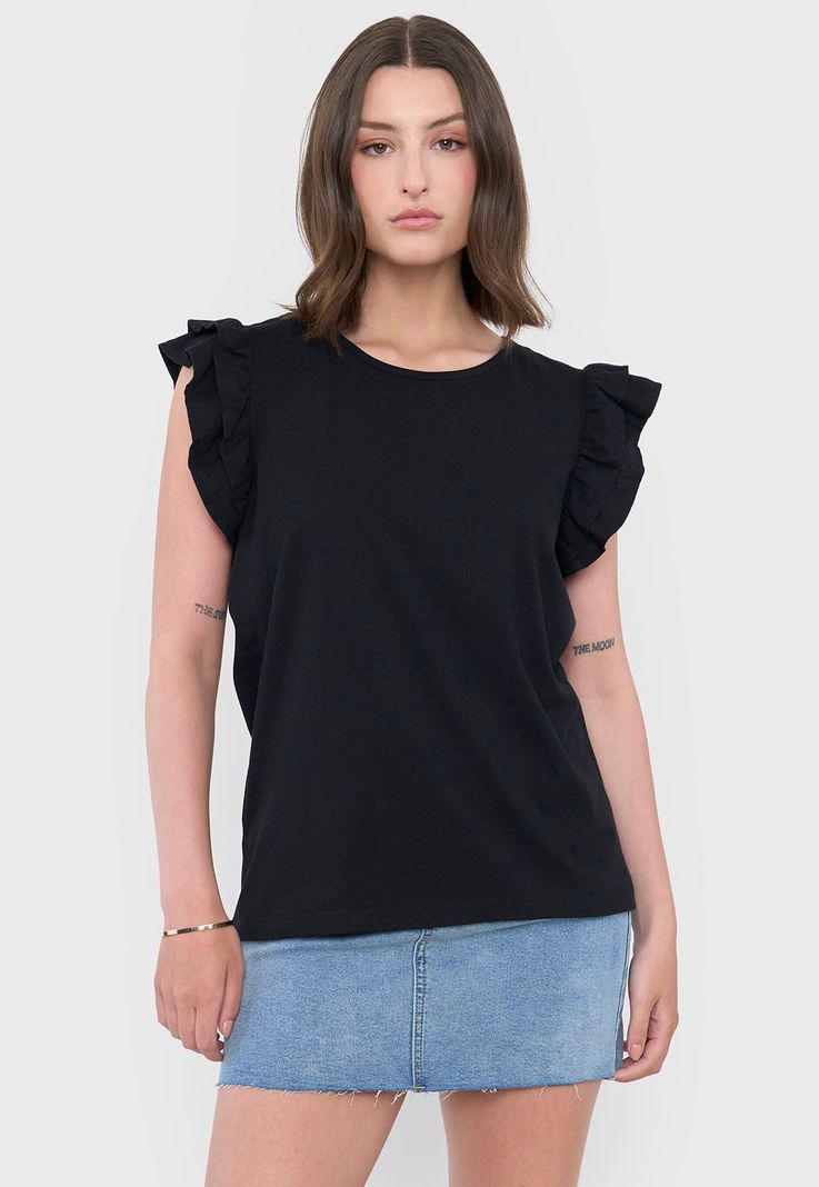 Polera Mujer Vuelos Print Negro Corona-0