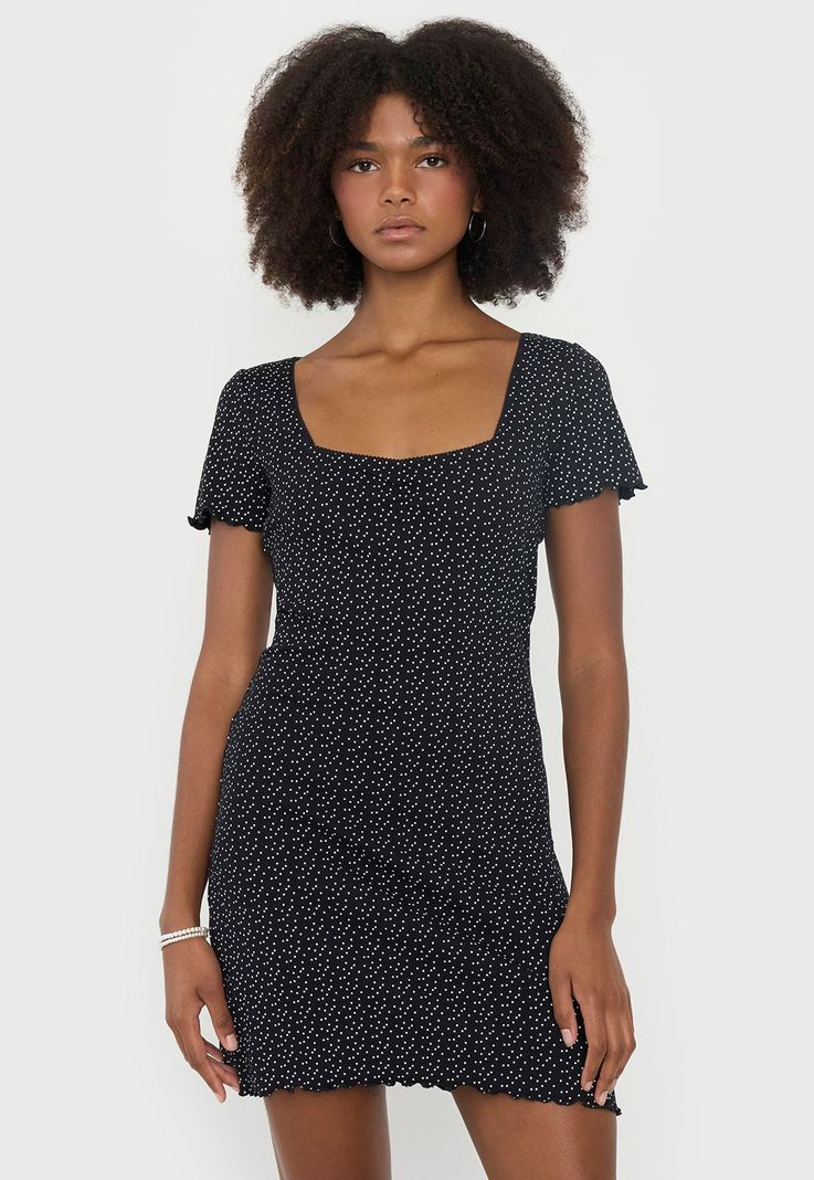 Vestido Mujer Manga Corta Print Puntos Negro Corona-1
