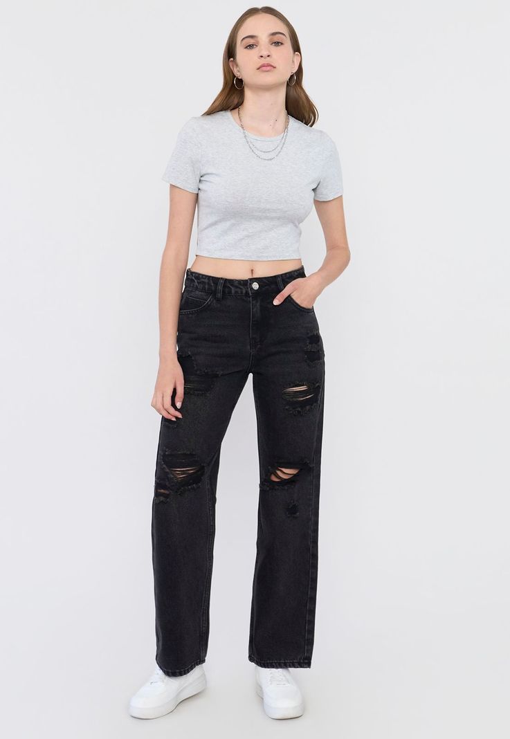 Jeans Mujer Straight Fit Full Roturas Negro Corona-0