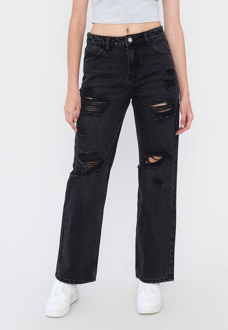 Jeans Mujer Straight Fit Full Roturas Negro Corona-1
