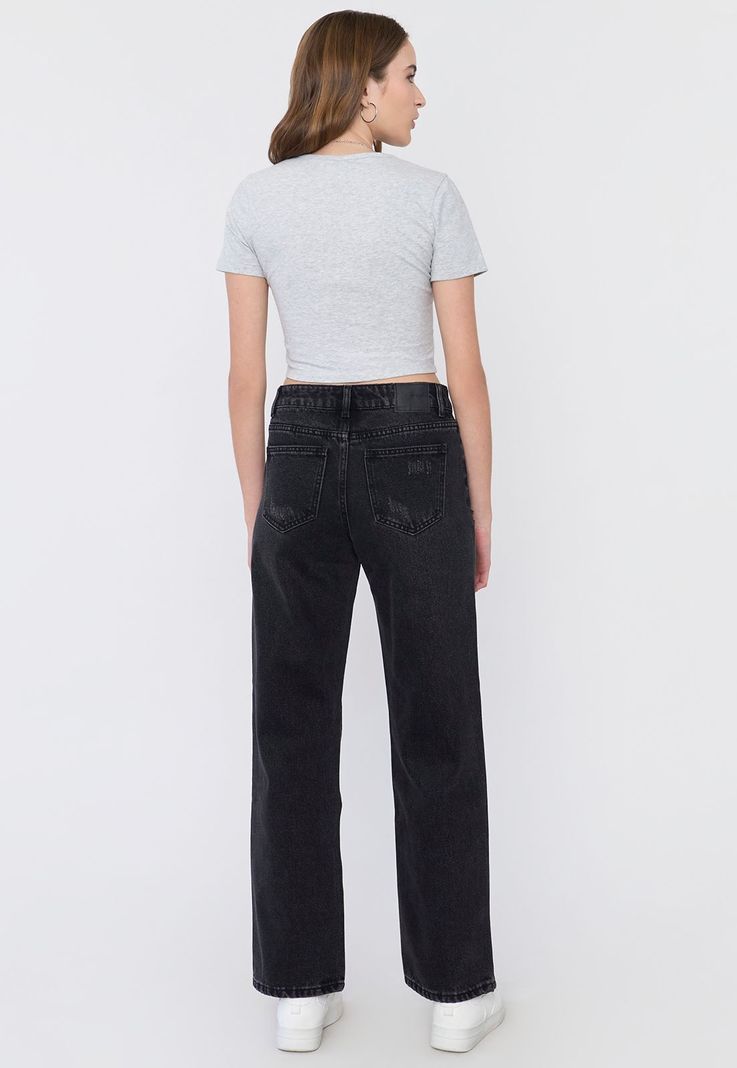 Jeans Mujer Straight Fit Full Roturas Negro Corona-2