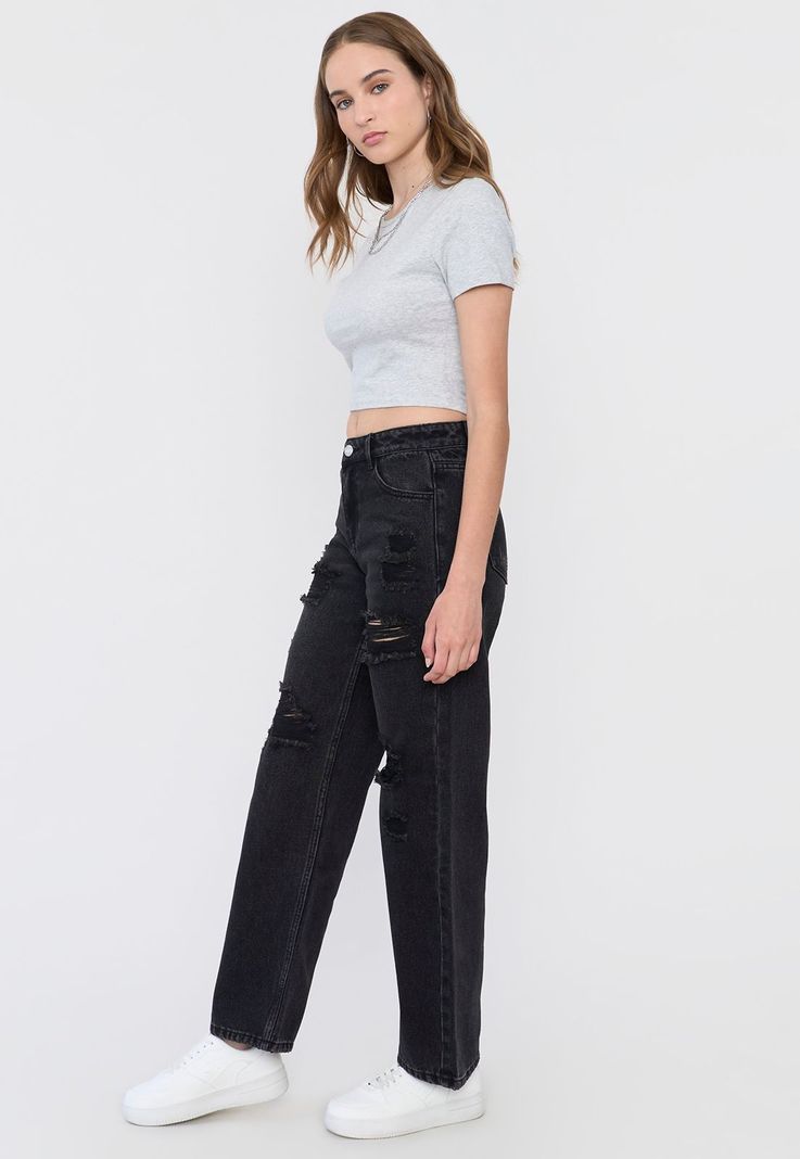 Jeans Mujer Straight Fit Full Roturas Negro Corona-3