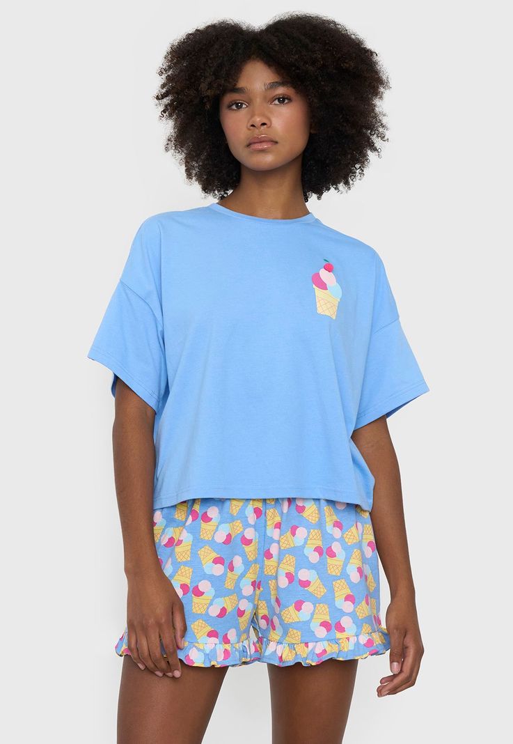 Pijama Mujer Corto Oversize Vuelos Celeste Corona-0