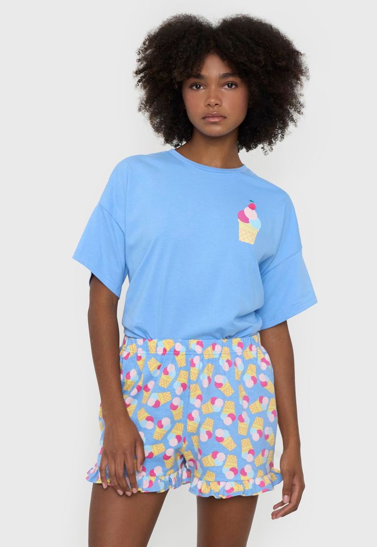 Pijama Mujer Corto Oversize Vuelos Celeste Corona-2