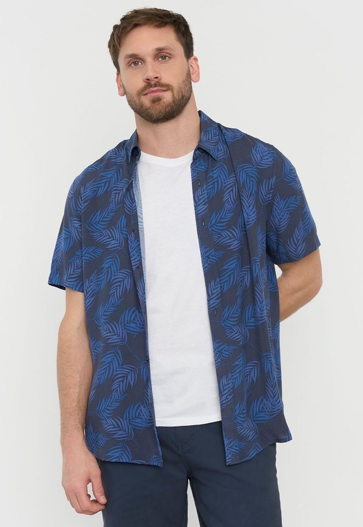 Guayabera Hombre Hojas Azul Corona-0