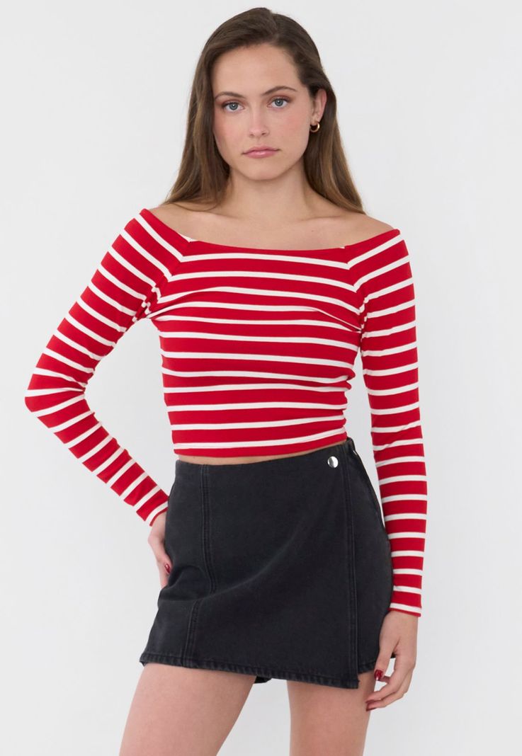 Polera Mujer Sin Hombros M/L Rayas Rojo Corona-0