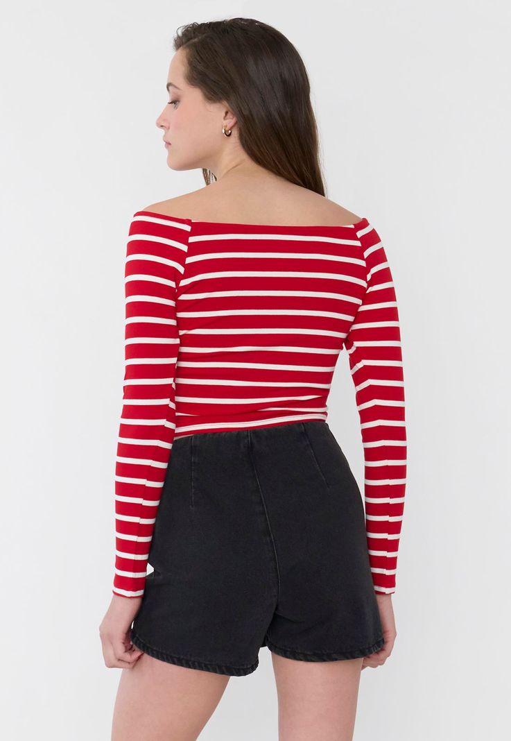 Polera Mujer Sin Hombros M/L Rayas Rojo Corona-1
