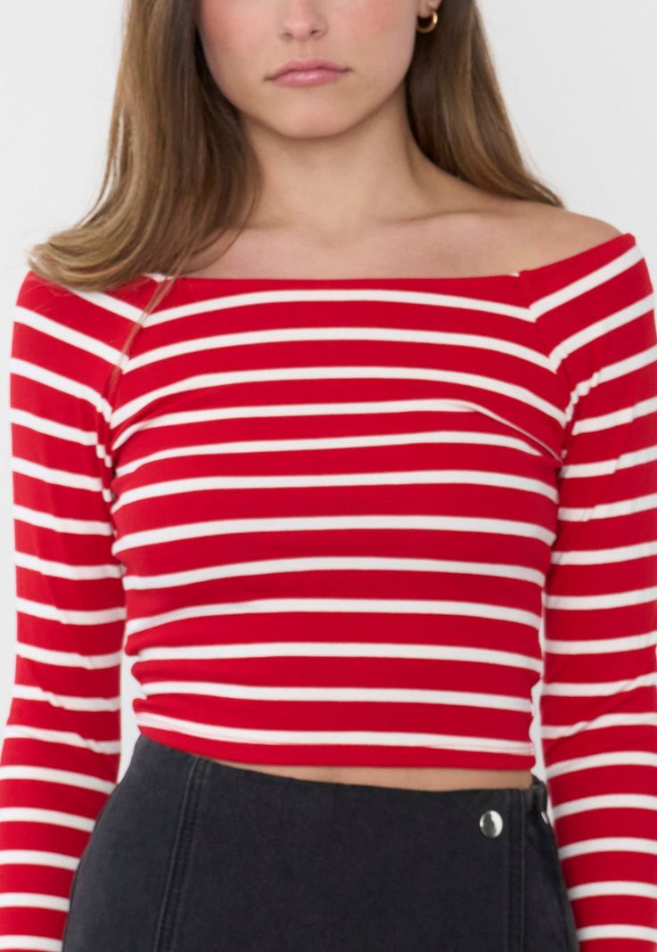 Polera Mujer Sin Hombros M/L Rayas Rojo Corona-2