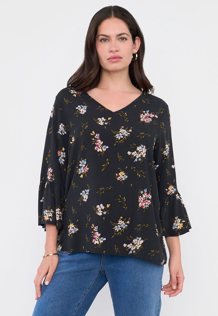 Blusa Mujer Manga Campana Print Negro Corona-0