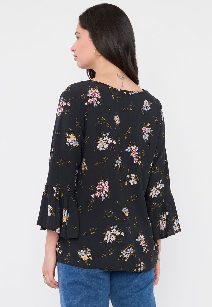Blusa Mujer Manga Campana Print Negro Corona-1