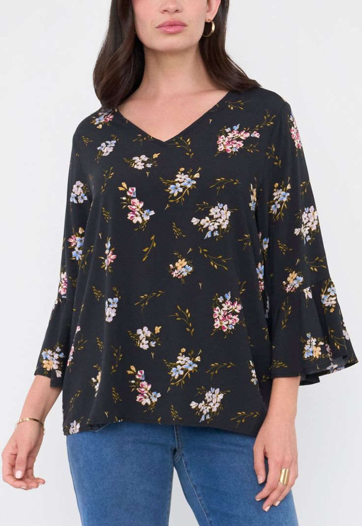 Blusa Mujer Manga Campana Print Negro Corona-2