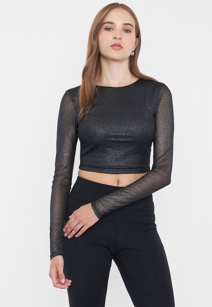 Polera Mujer Manga Larga Negro Espalda Abierta Corona-0