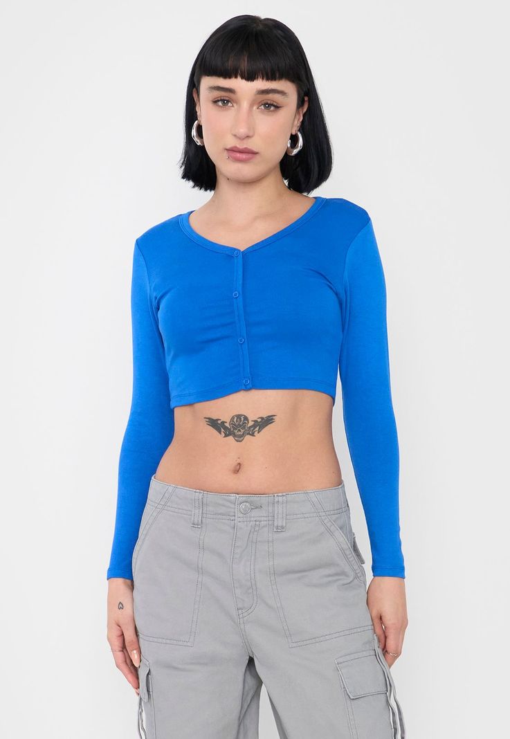 Polera Mujer Manga Larga Broches Azul Corona-0