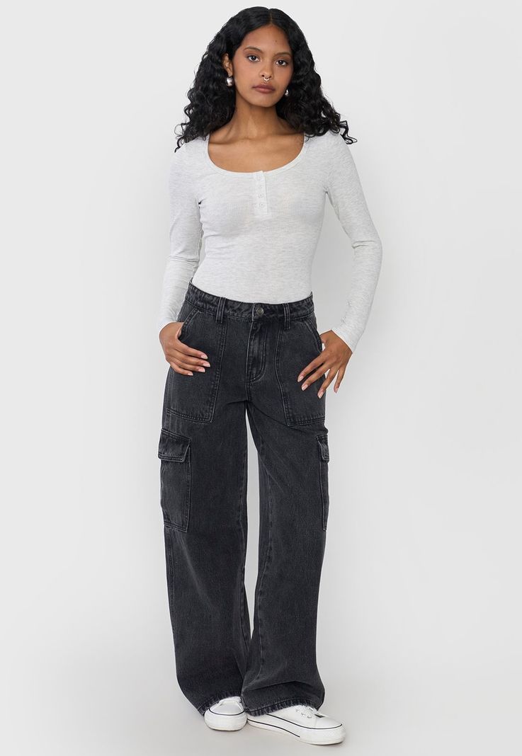 Jeans Mujer Straight Fit Cargo Negro Corona-0