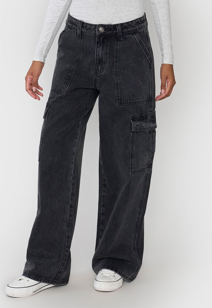 Jeans Mujer Straight Fit Cargo Negro Corona-1