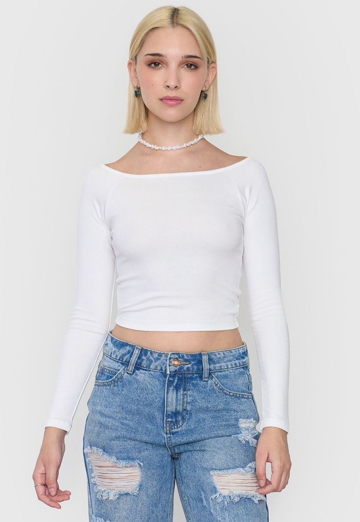 Polera Mujer Sin Hombros Manga Larga Blanco Corona-0