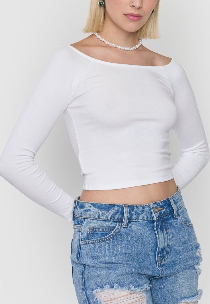 Polera Mujer Sin Hombros Manga Larga Blanco Corona-2