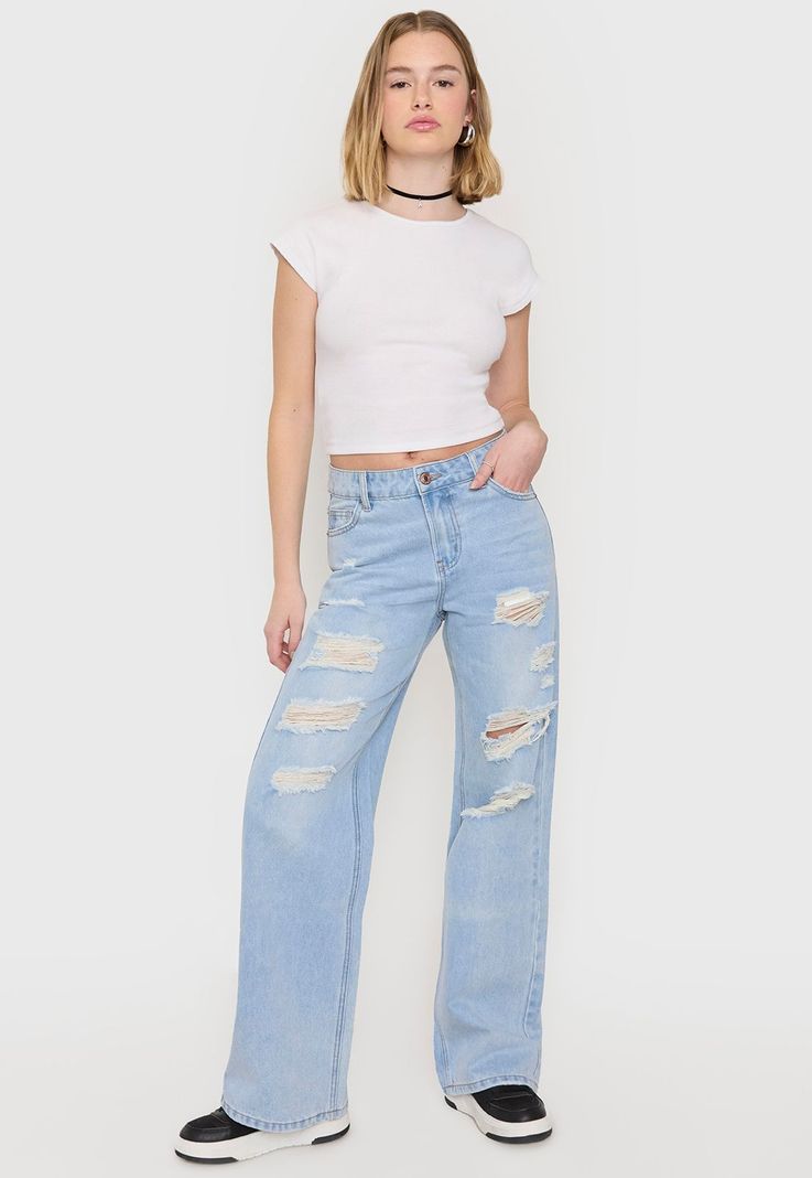 Jeans Mujer Roturas Wide Azul Claro Corona-0