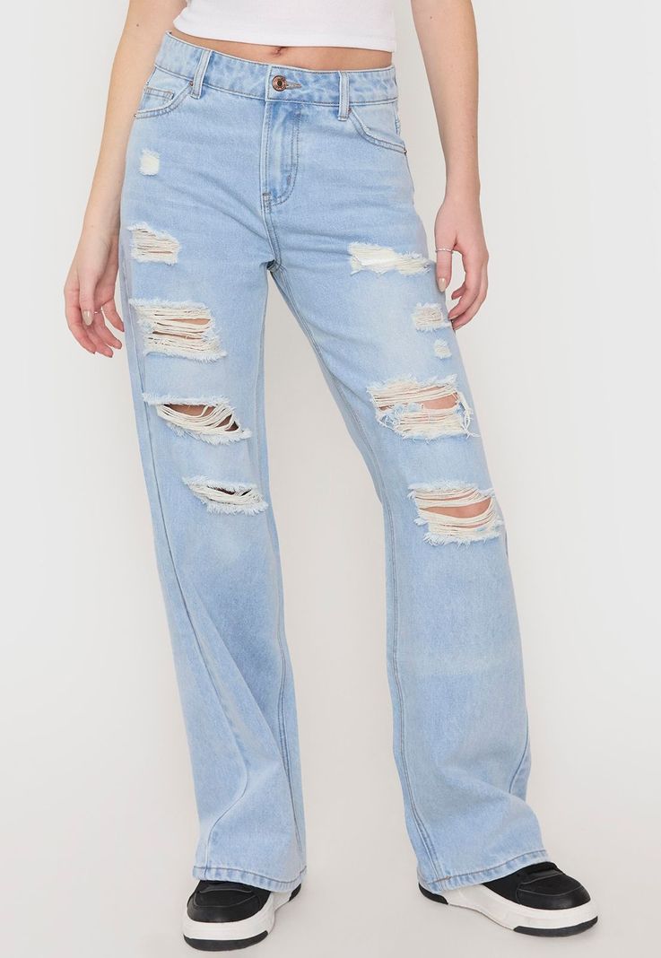 Jeans Mujer Roturas Wide Azul Claro Corona-1