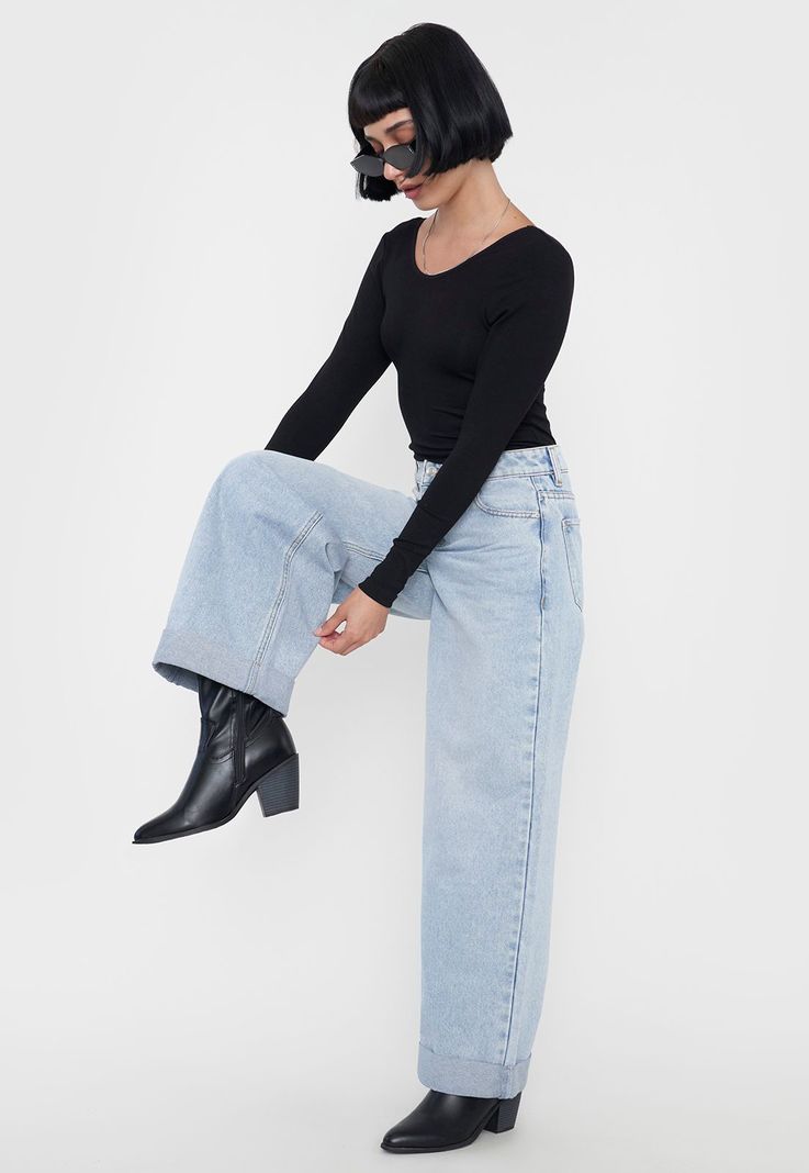 Jeans Mujer Wide Leg Fit Full Length Azul Claro Corona-0