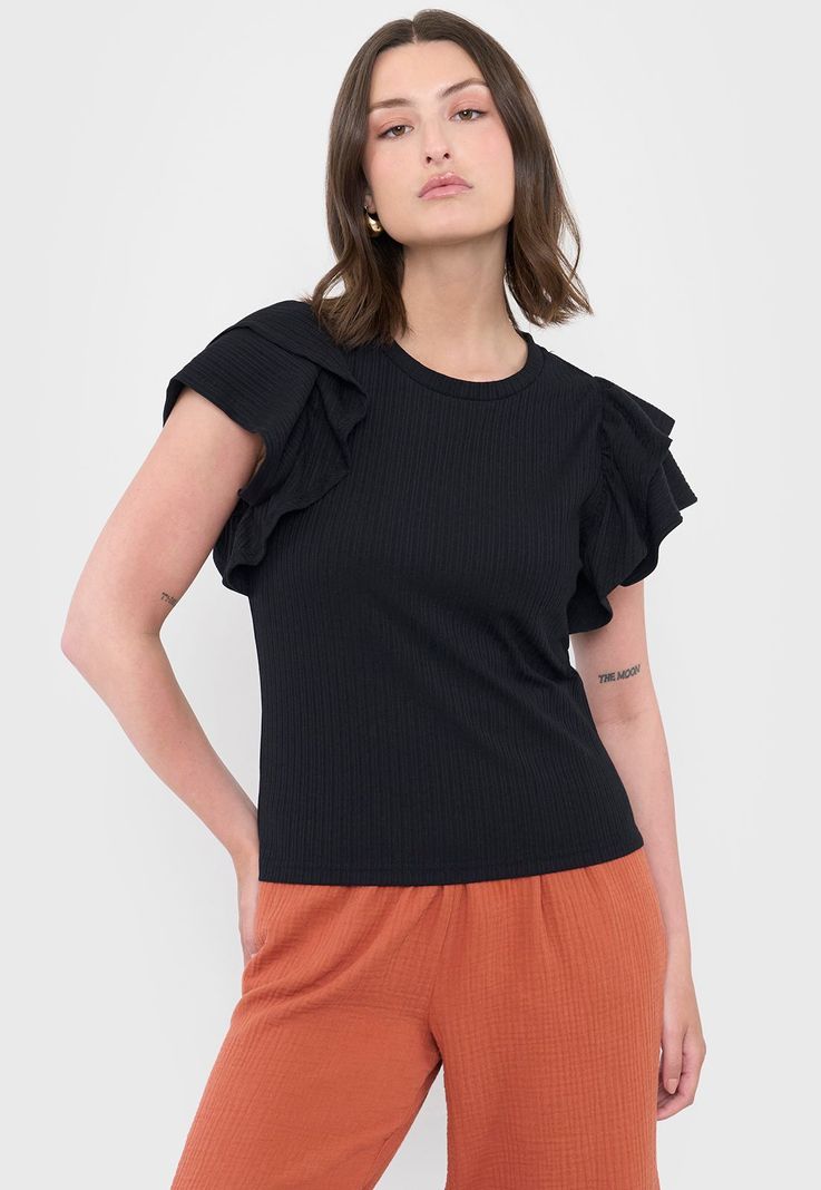 Polera Mujer Rib Vuelos Color Negro Corona-0