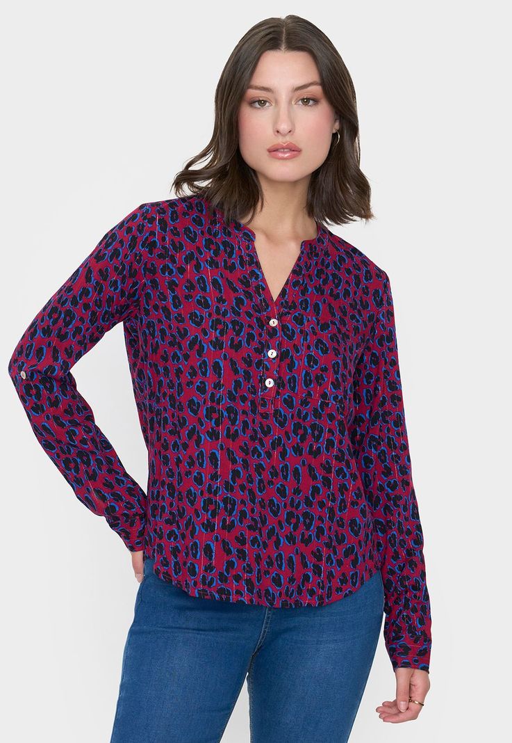 Blusa Mujer Cuello Mao Animal Print Rojo Corona-0
