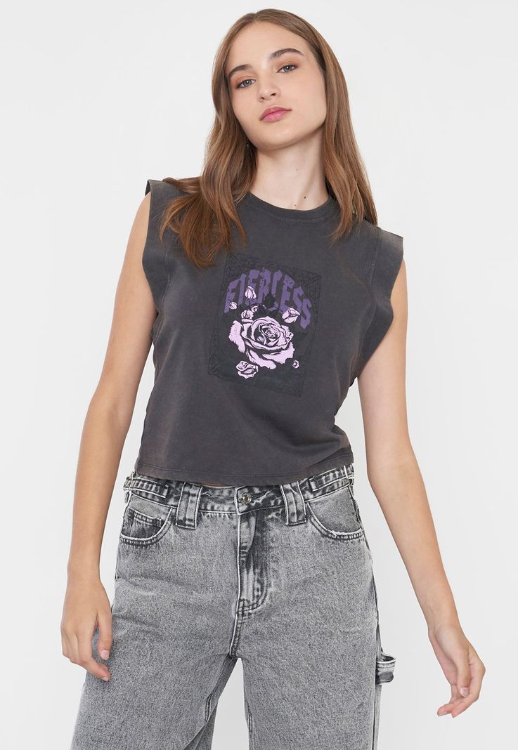 Polera Mujer Manga Vuelos Gris Corona-0
