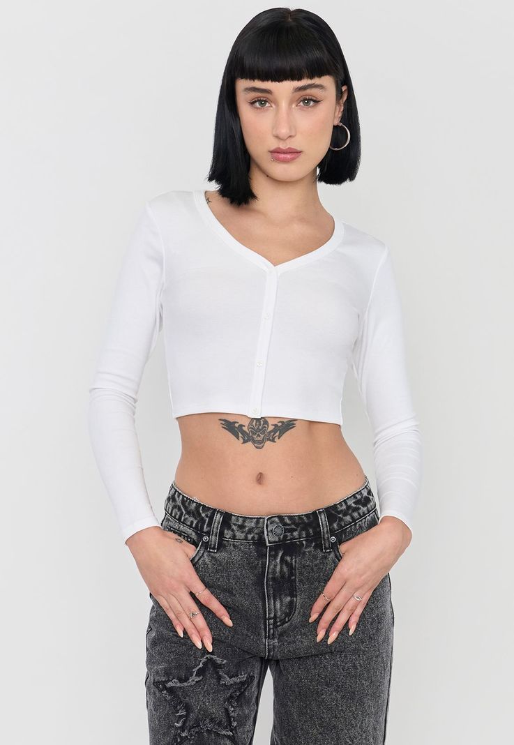 Polera Mujer Blanco Manga Larga Broches Corona-0