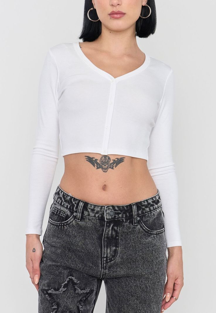 Polera Mujer Blanco Manga Larga Broches Corona-2