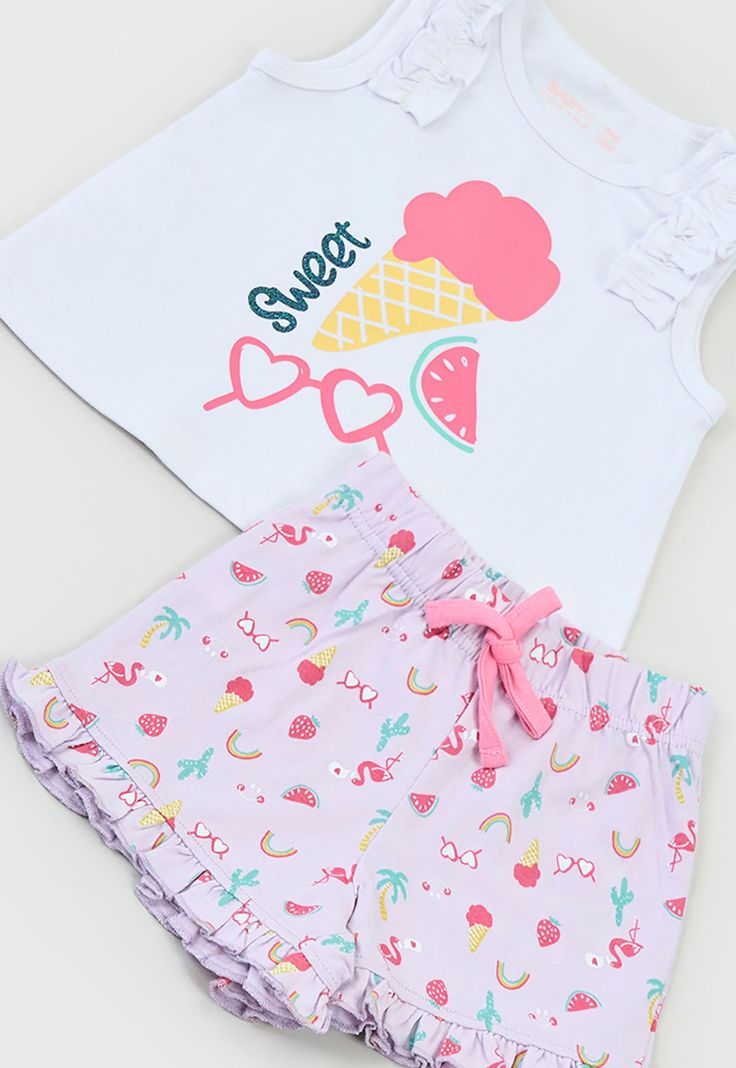 Conjunto Polera y Short Bebe Niña Blanco Corona-2