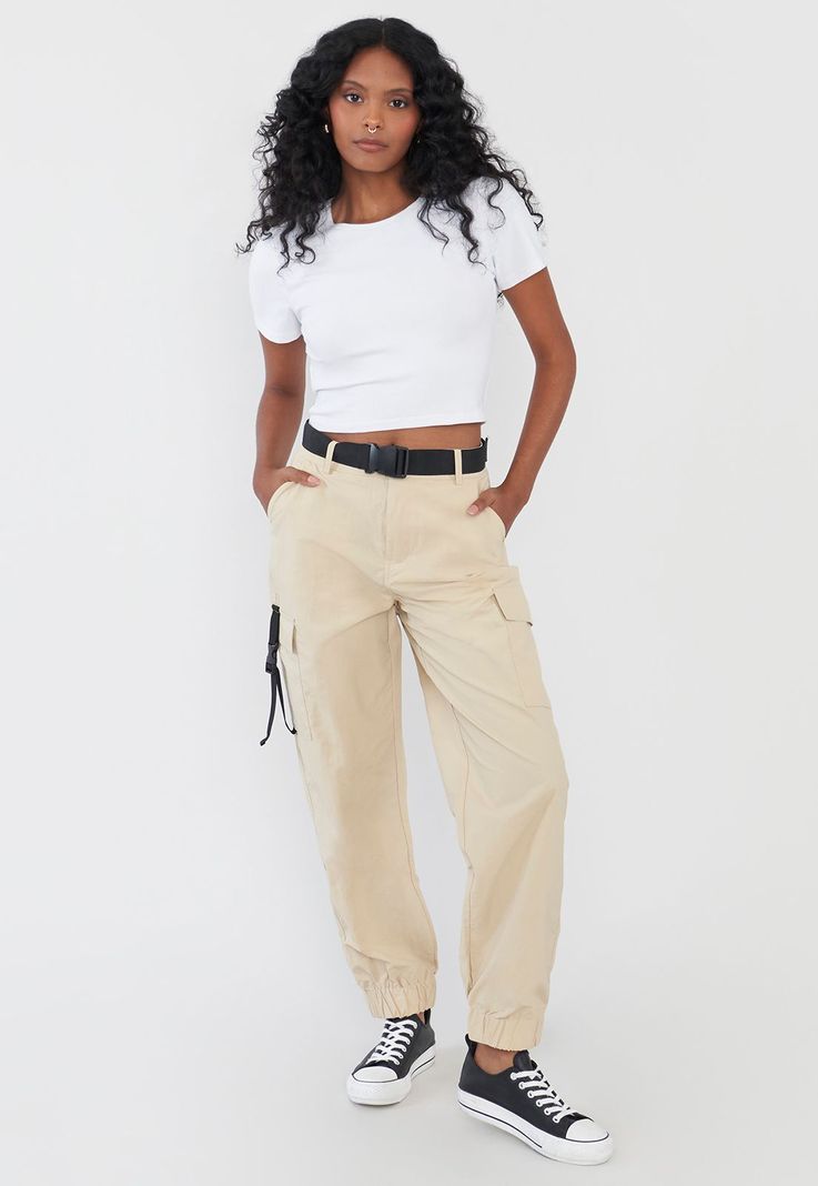 Pantalón Mujer Beige Jogger Cargo Cinturón Corona-0
