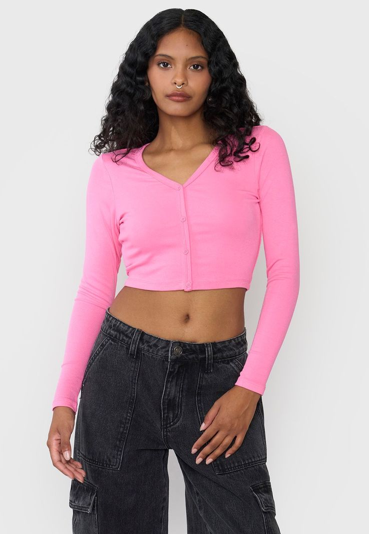 Polera Mujer Manga Larga Broches Color Rosado Corona-0