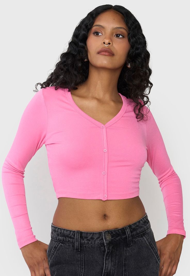 Polera Mujer Manga Larga Broches Color Rosado Corona-2