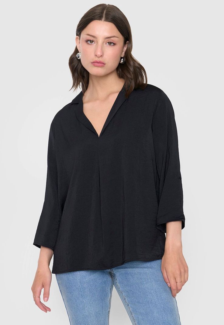 Blusa Mujer Cuello Camisero M/L Negro Lisa Corona-0