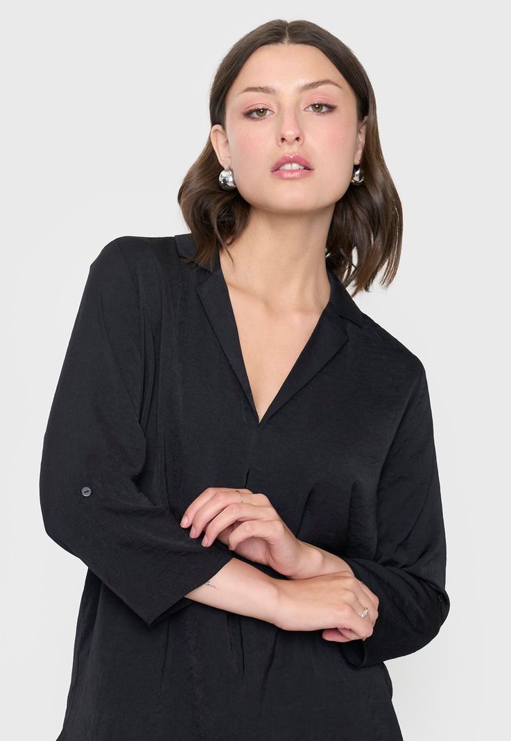 Blusa Mujer Cuello Camisero M/L Negro Lisa Corona-2
