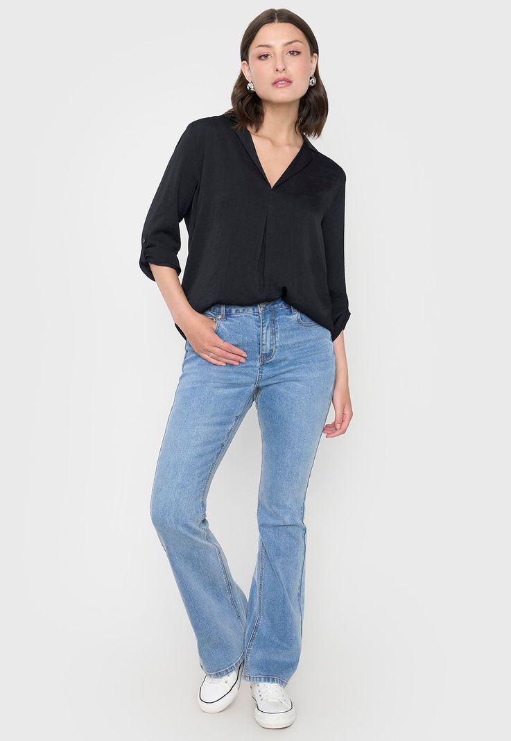 Blusa Mujer Cuello Camisero M/L Negro Lisa Corona-3
