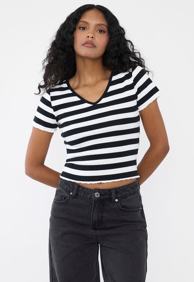 Polera Mujer Manga Corta Rayas Negro Corona-0