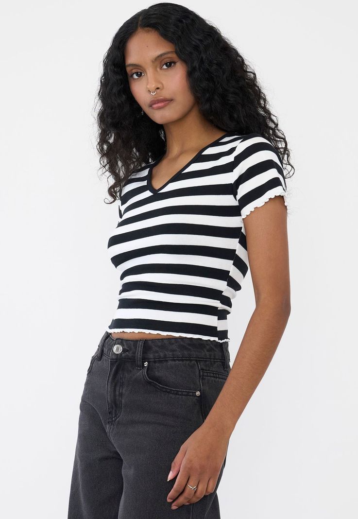Polera Mujer Manga Corta Rayas Negro Corona-2